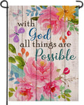 with God All Things Are Possible Christian Home Decorative Garden Flag, Spring Summer Religious House Yard Outdoor Peony Flower, Inspirational Butterfly outside Farmhouse Small Decor 12 X 18