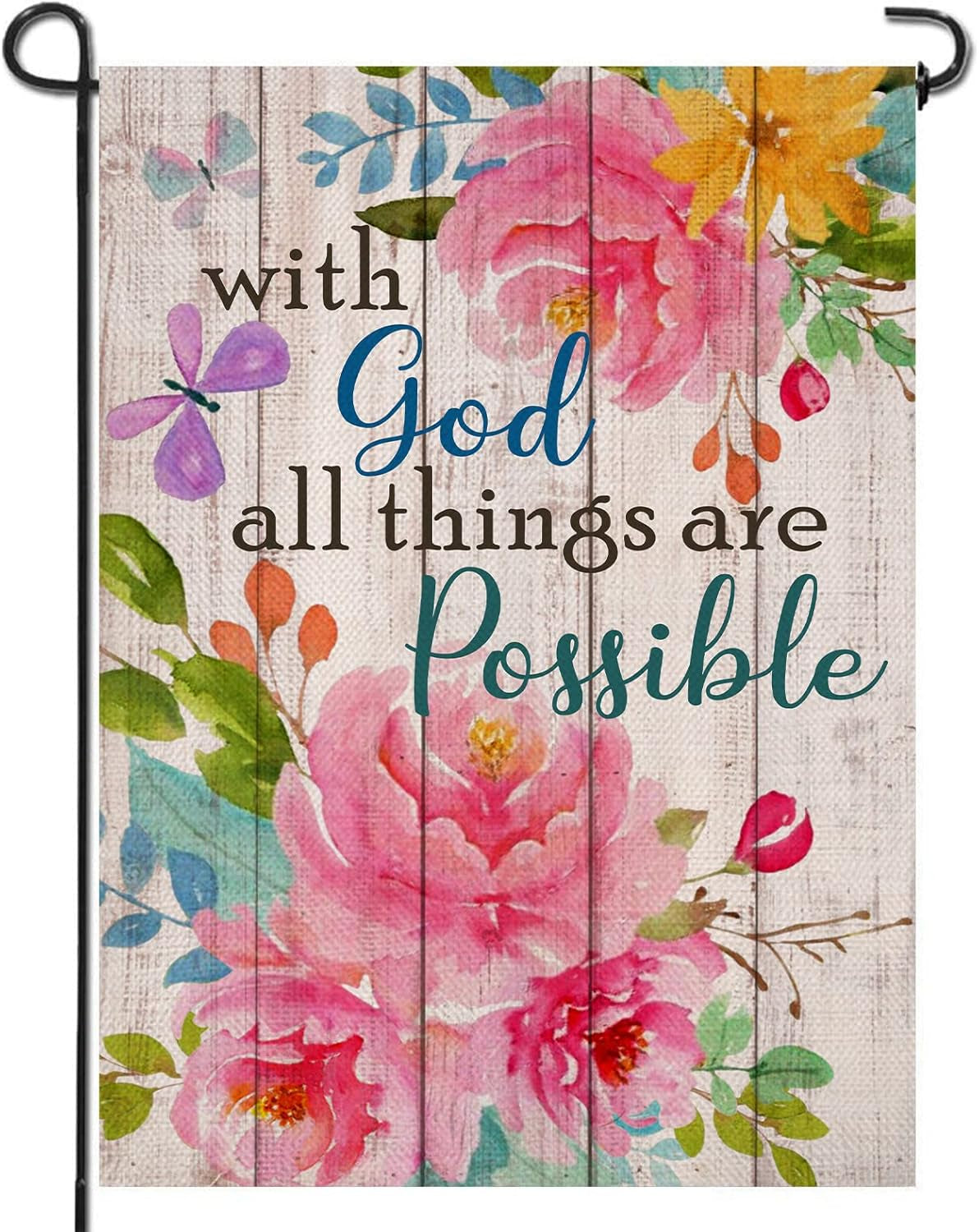 with God All Things Are Possible Christian Home Decorative Garden Flag, Spring Summer Religious House Yard Outdoor Peony Flower, Inspirational Butterfly outside Farmhouse Small Decor 12 X 18