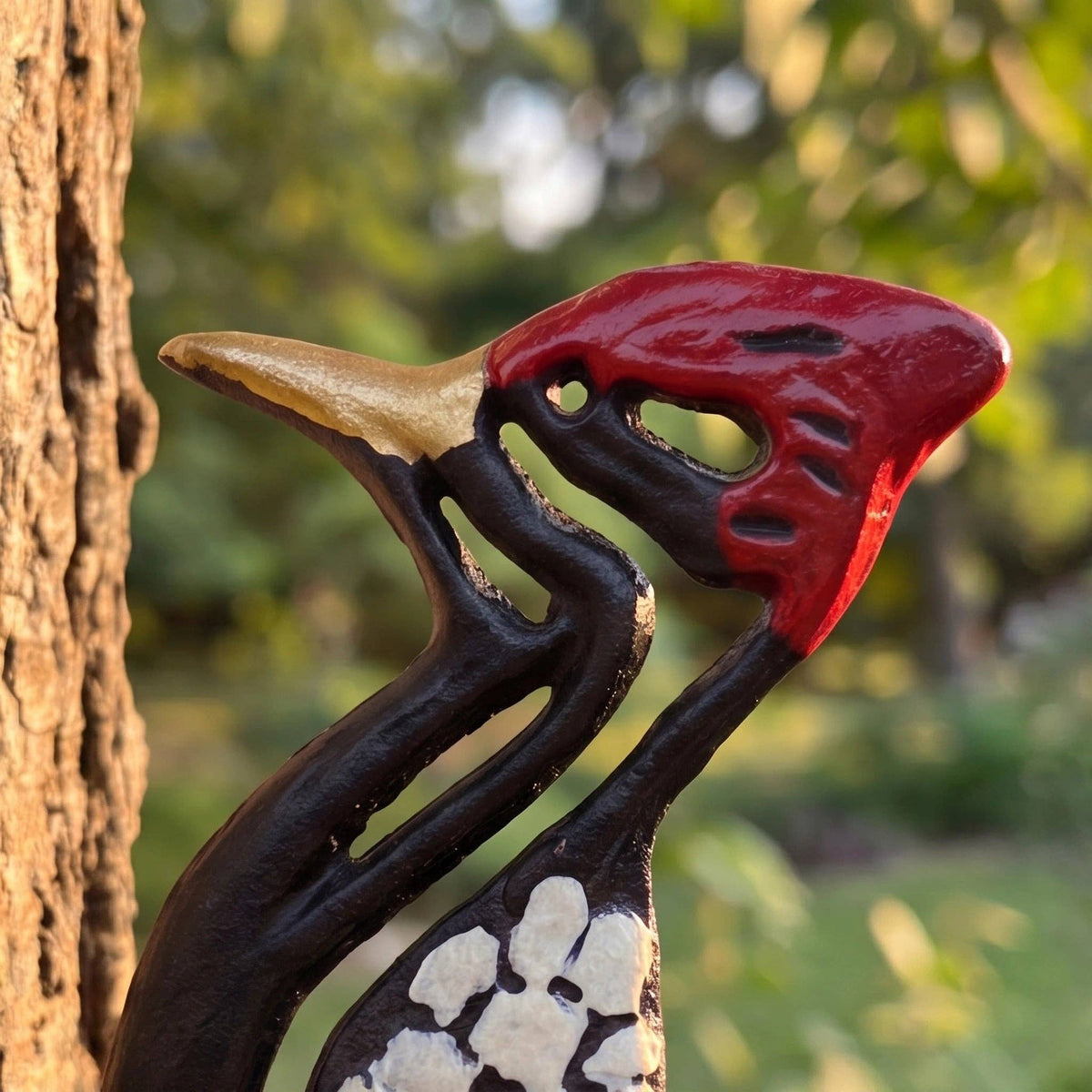 Woodpecker Tree Wall Plaque, Painted Cast Iron Outdoor Decor, 8"